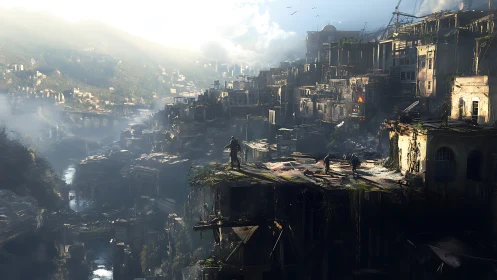 Sunlit ruins and quiet explorers over a lost cityscape.