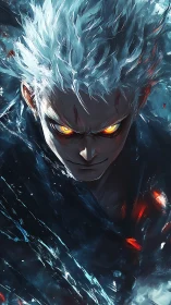 Energetic anime portrait shows glowing eyes and turbulent ice aura