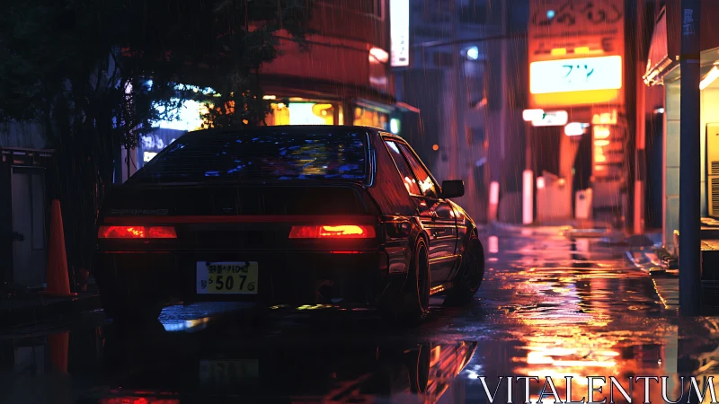 Retro hatchback in neonlit Japanese alley under heavy rain