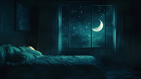 Nighttime bedroom interior with moonlit starry window.