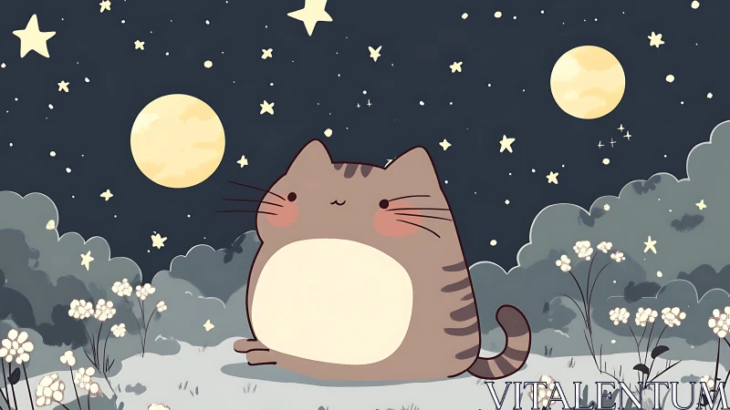 Chubby cartoon cat watches twin moons in quiet night meadow
