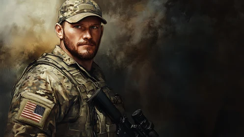 Quiet sentinel in camouflage stands against storm-dark haze.