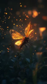 Luminous firefly ascending through glowing dusk embers.