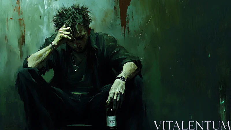 Brooding man with bottle in dark green painted room.