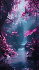 Neon orchid waterfall dream cloaked in luminous jungle dusk.
