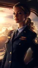 Photorealistic portrait of confident airline pilot at sunset.