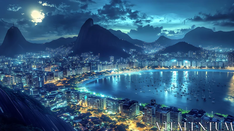 Nocturnal coastal megacity under cyan-tinted atmospheric glow.