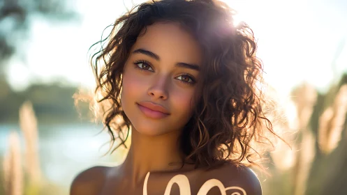 Sunlit curls cradle a soft smile beside shimmering water.