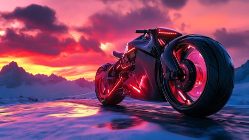 Futuristic neon motorcycle on reflective icy highway at dusk.