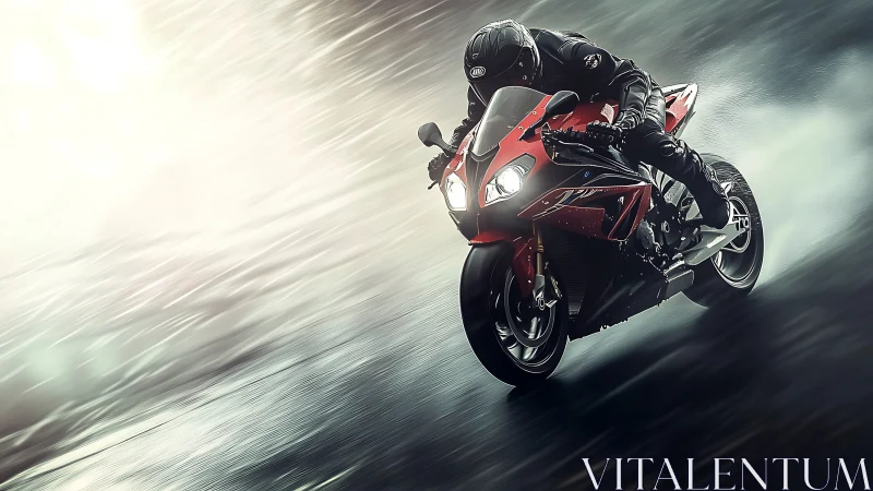 Sport motorcycle leans into wet track corner at high speed