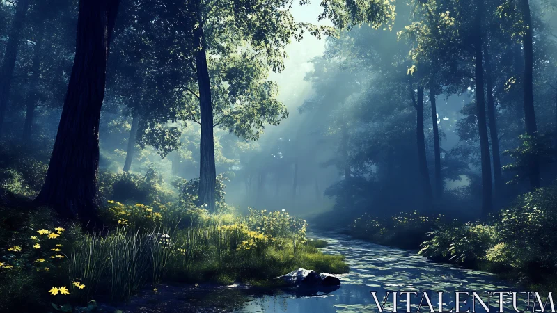 Luminous forest stream landscape with atmospheric light diffusion through towering woodland.