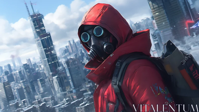 Hooded respirator operative in high-rise winter megacity skyline.