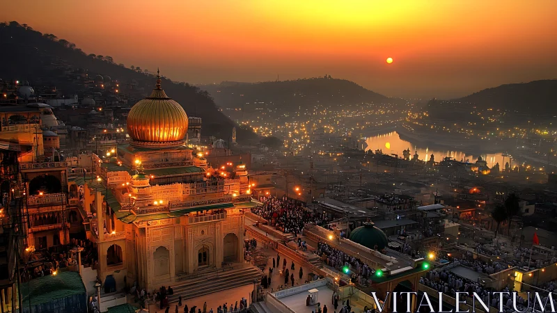 Golden-domed shrine glows over river city at sunset.