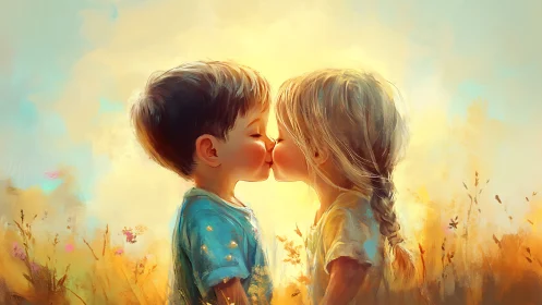 Two Children Kissing in Golden Meadow.