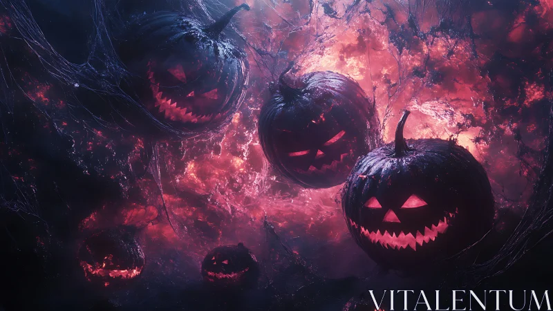 Glowing jack o&rsquo;lantern pumpkins in dark haunted mist.