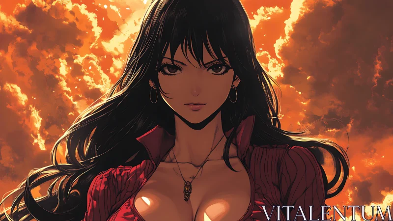 Anime portrait against dramatic backlit sunset cloudscape.