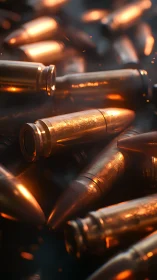 Close-up view of metallic bullets with orange reflections.