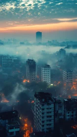 Dense fog over high-rise cityscape at early sunrise.