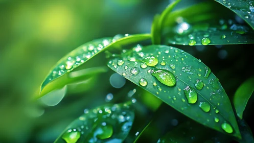 Glistening dew on lush green leaves in soft morning light.