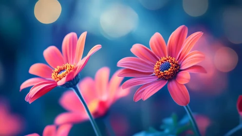 Vibrant Pink Gerbera Daisies Against Blue Bokeh.