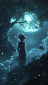 Silhouetted warrior studies luminous moon through dense clouds