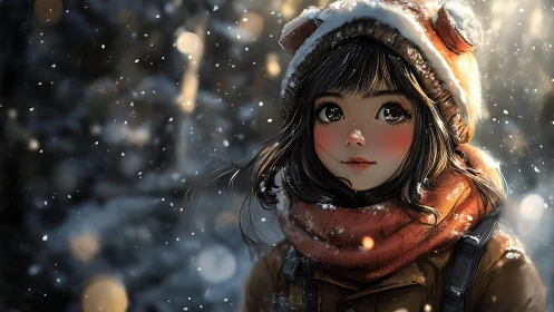 Winter portrait of girl in hat and scarf, soft snowfall.