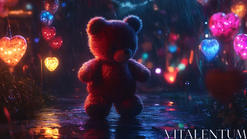 Teddy bear wandering through rainy, glowing heart lights.