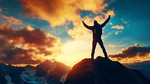 Summit silhouette rejoices beneath a wildfire sunrise sky.