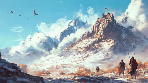 Medieval travelers approach a citadel atop a snowbound peak