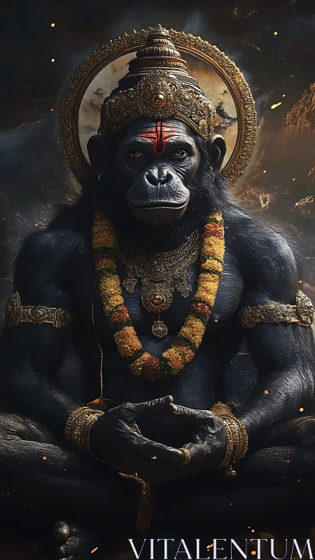Simian deity portrait renders hyper-detailed fur, metal, and garland