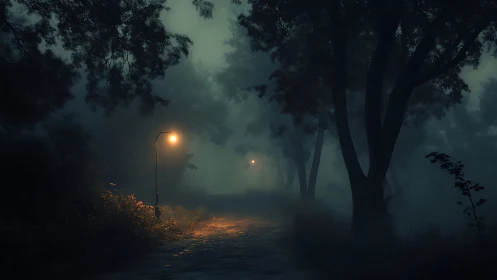 Misty forest walkway lit by moody streetlamps at night.