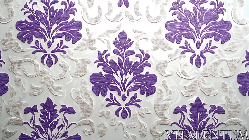 Elegant purple damask floral wallpaper with embossed texture.