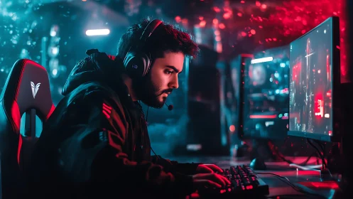 Esports PC gamer in RGB-lit arena using dual-monitor setup