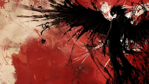 Nocturnal winged silhouette over chaotic sanguine vector field.