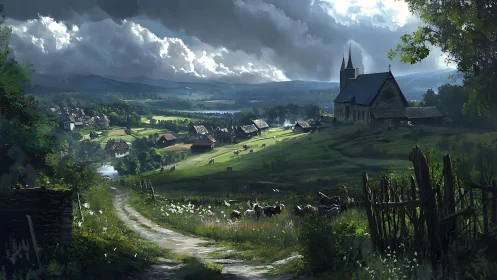 Dynamic rural valley landscape under dramatic storm-lit sky