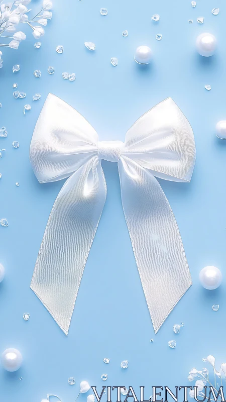 Silky white ribbon bow floats in a pastel sky of pearls