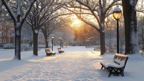 Snow covered park path with benches at winter sunrise.