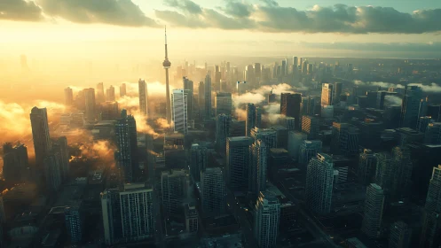 Photorealistic sunrise over misted high-rise city gridscape.