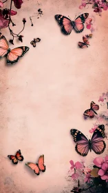 Butterflies drift across soft pink floral background border.