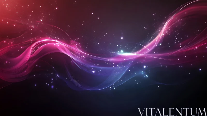 Colored light waves on dark background with particle field.