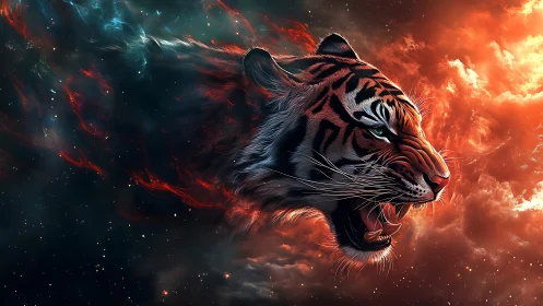 Cosmic tiger head roars through blazing nebula clouds