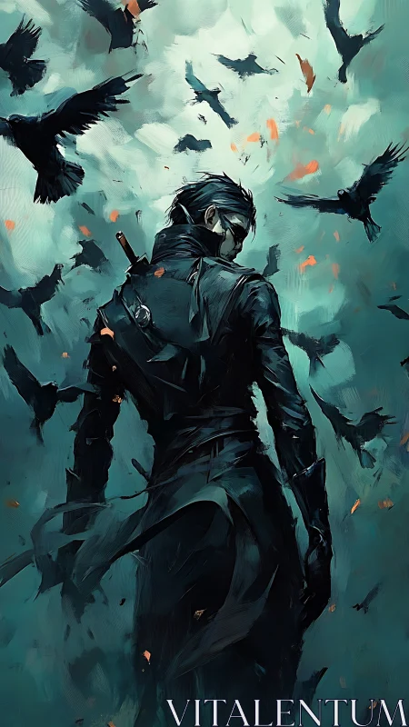 Shadow-cloaked warrior strides through storm of ravens.