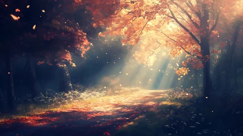 Forest path illuminated by diffused sunlight through autumn canopy