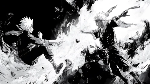 Two opposing manga figures confront within high-contrast flames