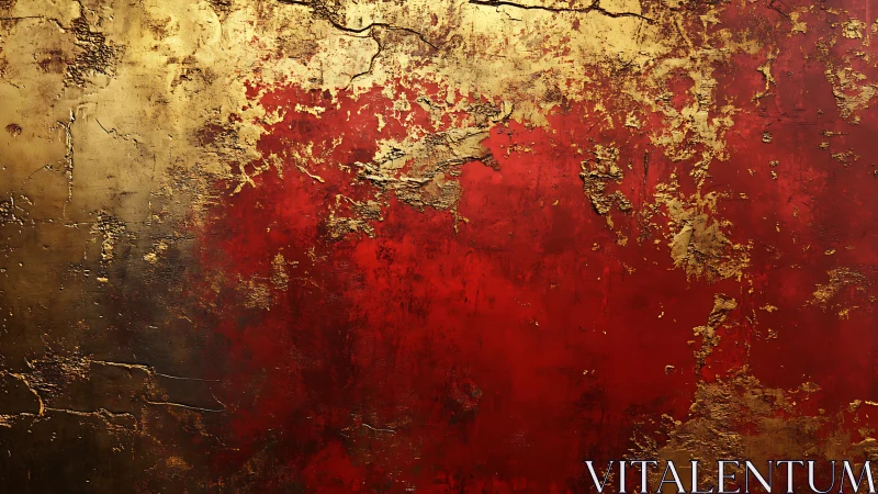 Textured red and gold abstract surface with distressed metallic layers.