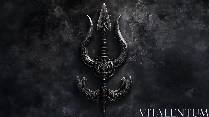 Dark metal trident emblem with ornate engraved blades.