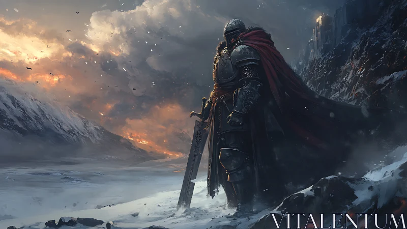 Lone armored knight greeting a stormlit winter horizon.