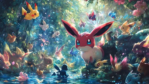 Dense forest ecosystem of luminous creatures rendered in layered light