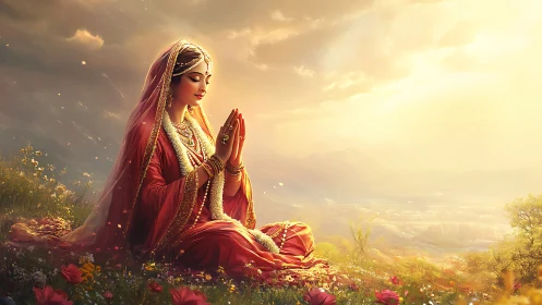 Woman in red traditional dress prays in glowing meadow