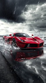 Photorealistic supercar in dynamic wet-weather road action.
